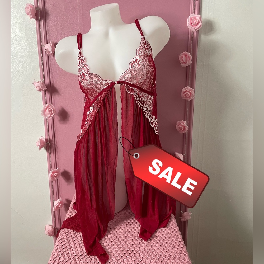 Large - night dress lingerie pajama nuisette jaquette sleepwear - red